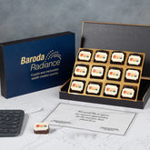 Branded 12‑piece chocolate box plus personalised card for finance client review.