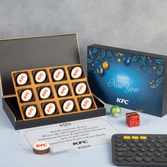 Close-up of branded chocolates highlighting the best corporate holiday gifts for clients detail
