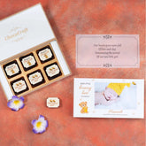 Front view of 6 chocolate birth announcement box – perfect for gifting