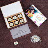 Front view of 6 chocolate box featuring edible birthday invitations by ChocoCraft