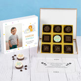 Front view of elegant 9 chocolate birthday invitation box