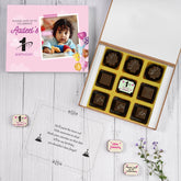 Sample wooden box for first birthday party invitation (nine chocolates)