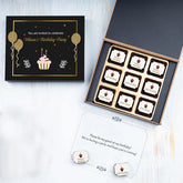 Front view of 9 chocolate box with happy birthday invitation printed on each chocolate