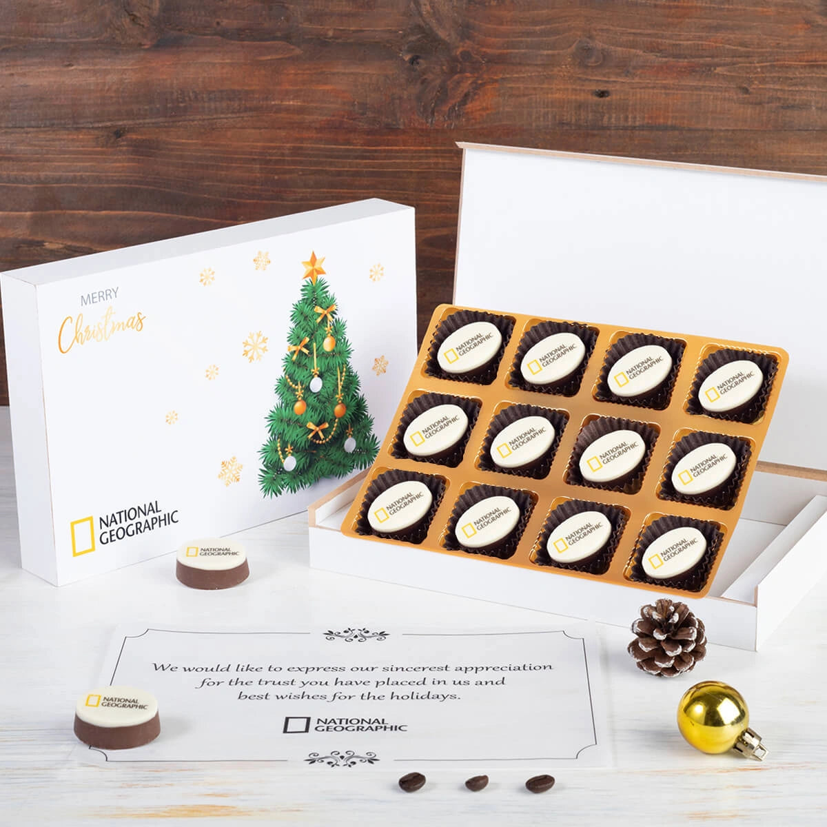 Custom 12-piece chocolate box ideal for holiday corporate gifts for clients