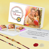Front of elegant rakhi and chocolate hamper