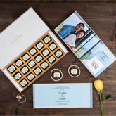 Front view of 18 chocolate box featuring personalized wedding card design