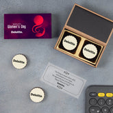 Open 2‑piece wooden box showing logo chocolates and gratitude card