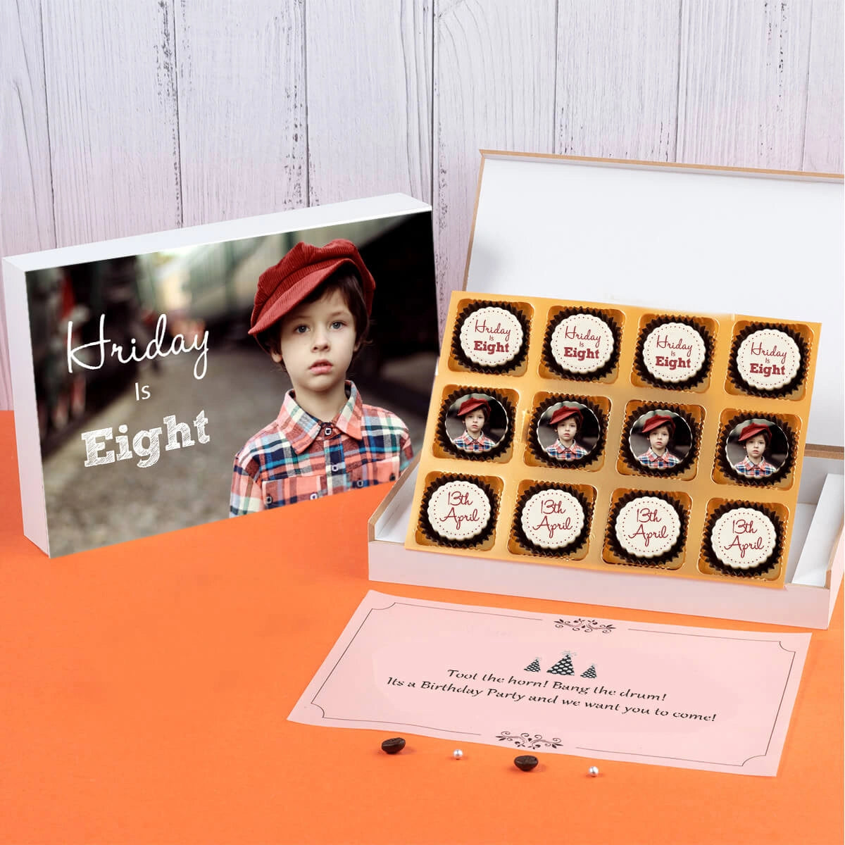 Birthday invitation with 12 chocolates, available for online order