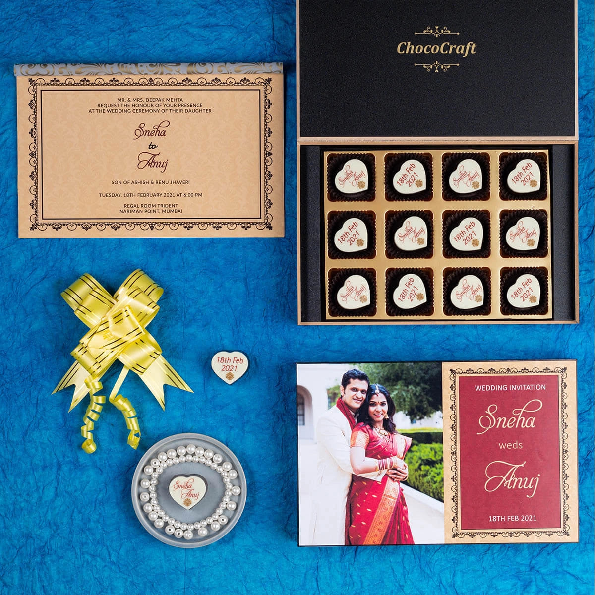 Top view of elegant chocolate wedding box invitation with custom prints