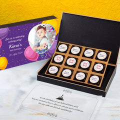 Invite your friends with personalized 12 printed chocolates in a wooden box