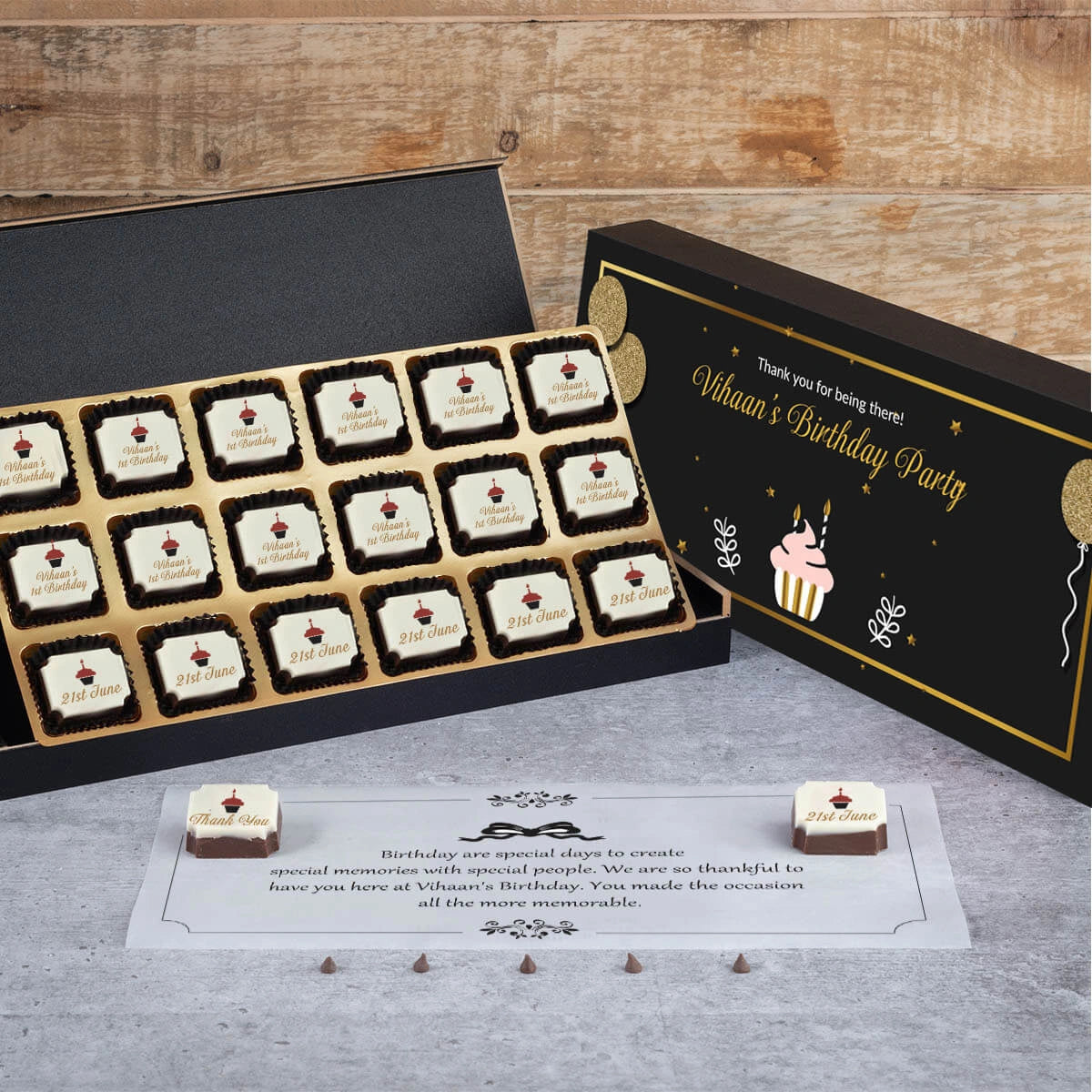18-piece printed chocolates birthday favor box in premium packaging