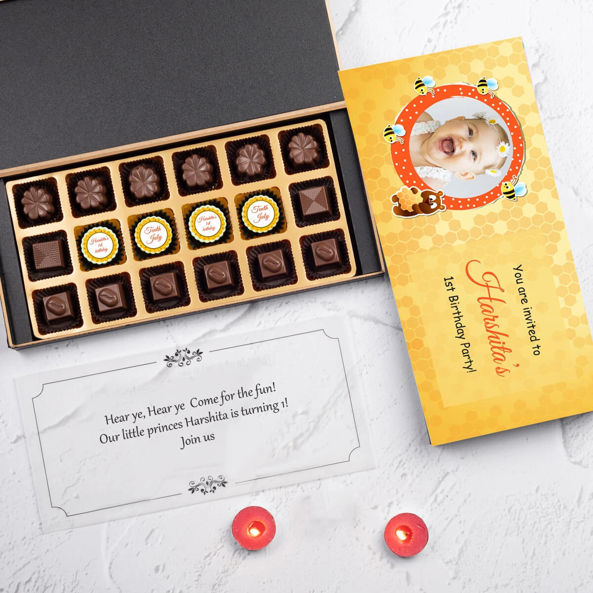Open 18-chocolate box for 1st birthday announcement invitations