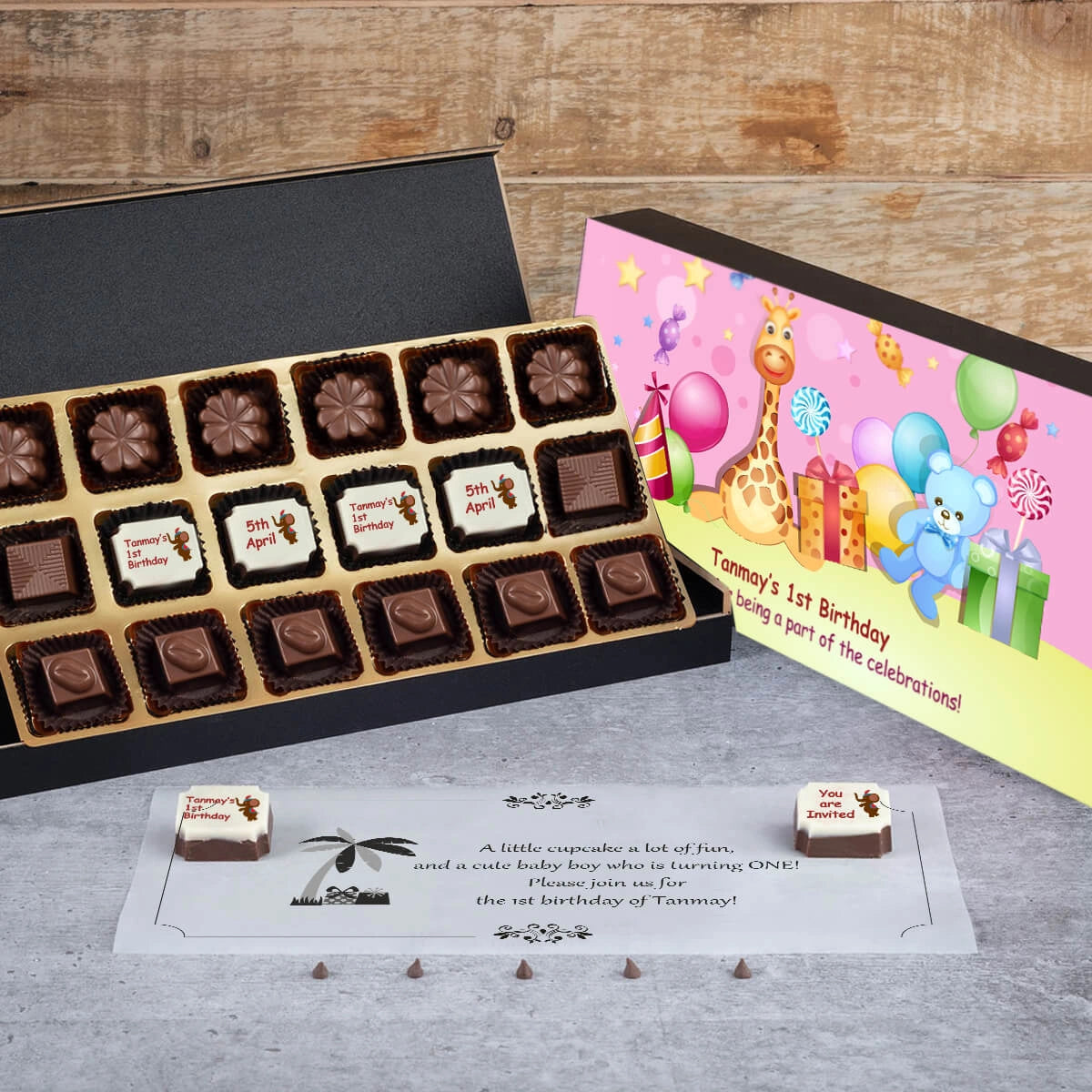 Online design screen for 1st birthday e invite chocolates