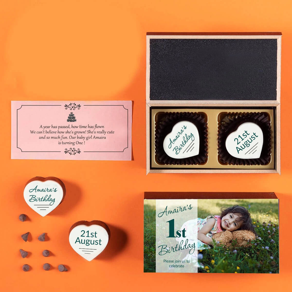 Front view of wooden box for 1st birthday party invitations (bulk 2-piece)