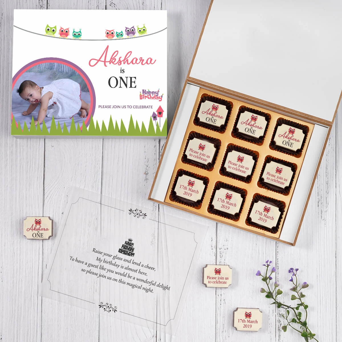 Open nine-chocolate box of 1st birthday party invitations online