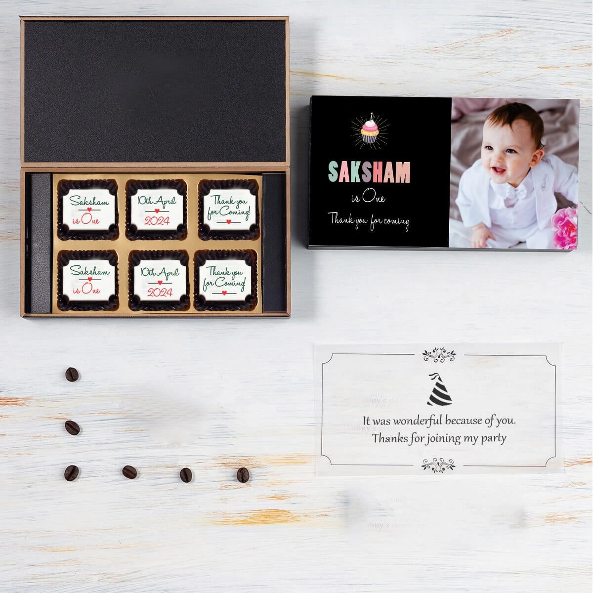 Wooden lid design on 1st birthday return gifts for adults box