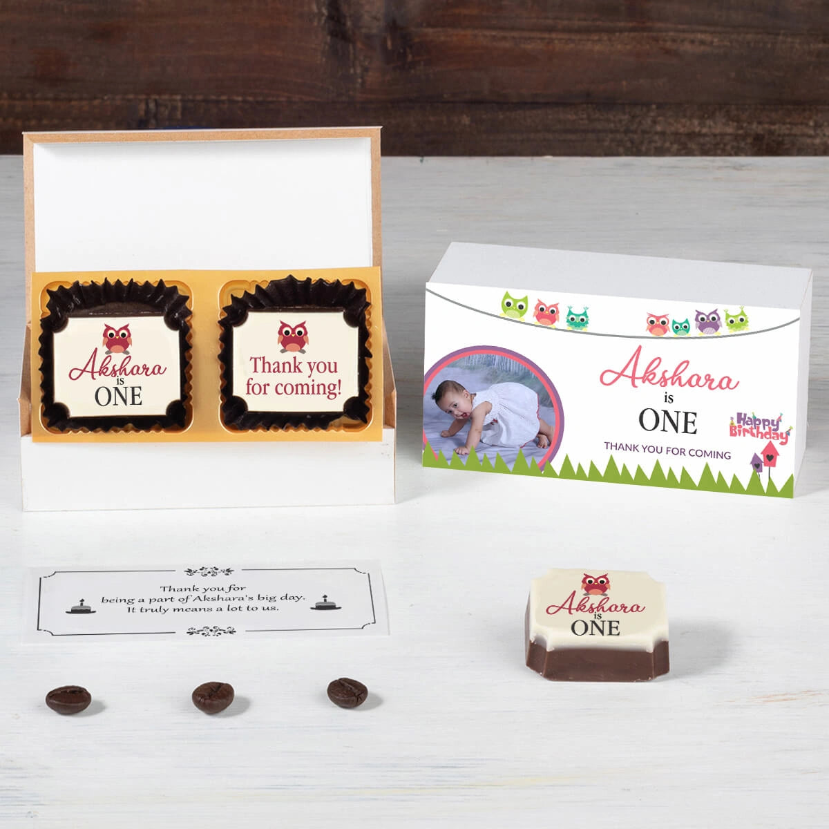 Close-up edible photo on chocolate for 1st birthday return gifts online