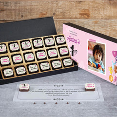 Open box of 1st year birthday invitation chocolates (bulk order)