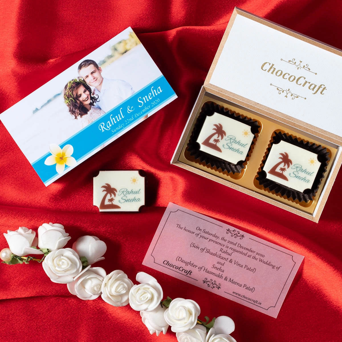 Flatlay of 2 chocolate box – traditional Indian wedding invitation card