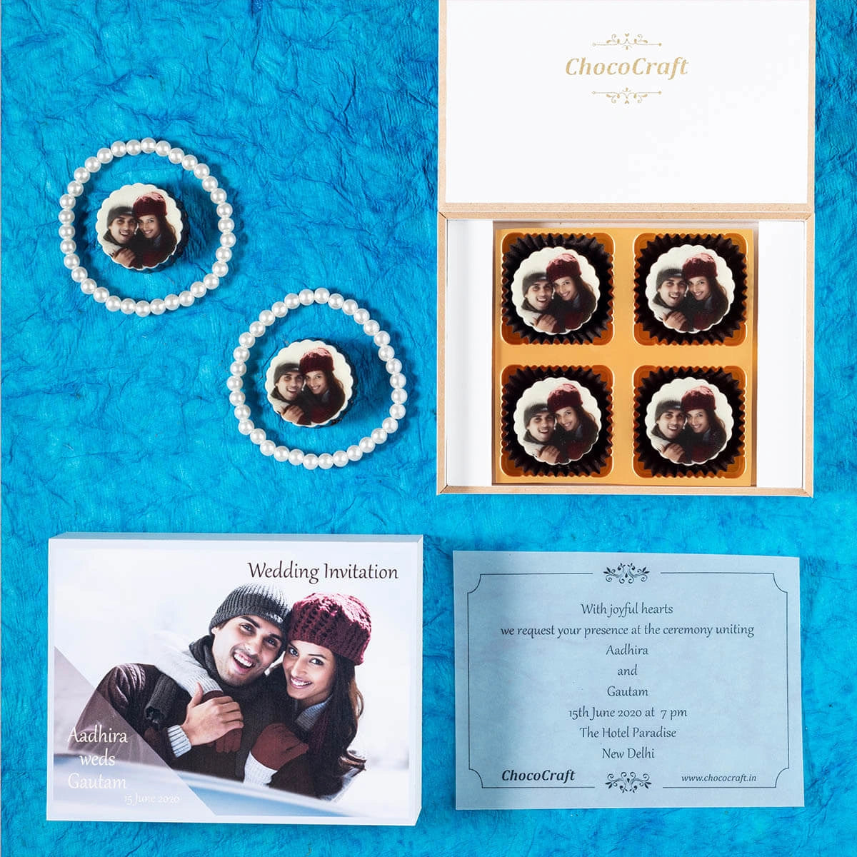4-piece chocolate invite box designed as a wedding invitation card for friends