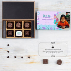 Six-piece chocolate box used for birthday invitations ordered online