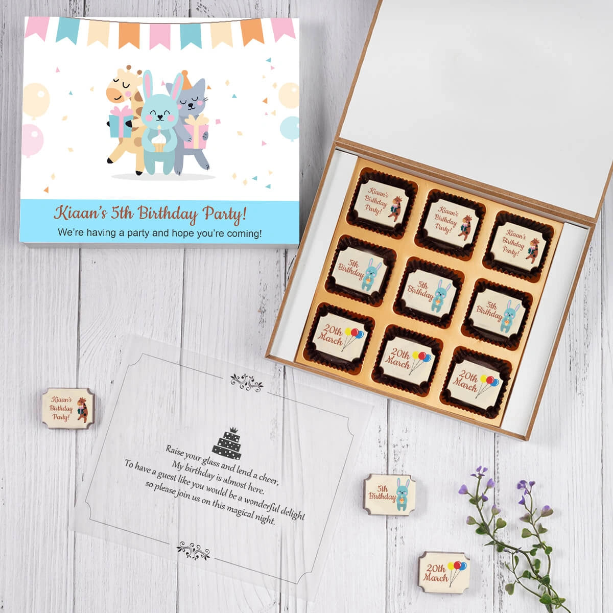 Elegant 9 chocolate box with custom birthday party invitation design