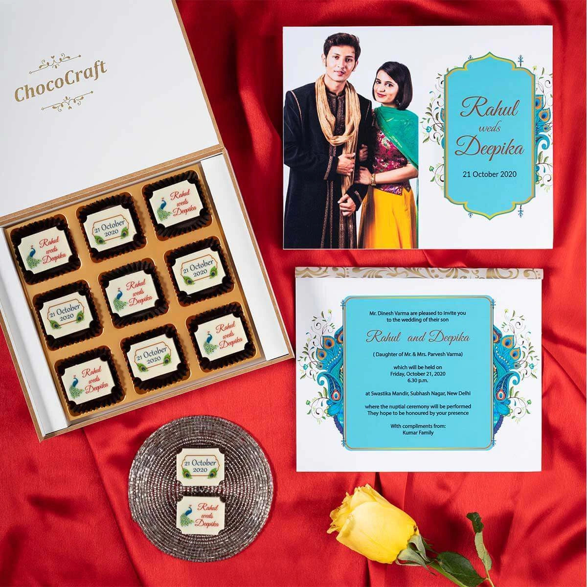 Unique 9 chocolate wedding invitation card with printed chocolates inside