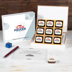 Branded chocolate placed in wooden box for car purchase thank you gift