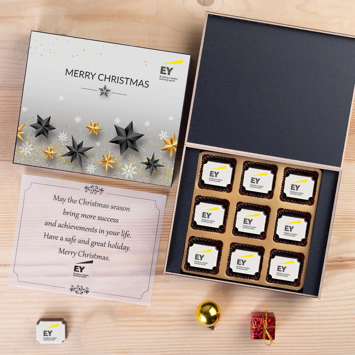 Festive 9-piece Christmas chocolate gift box with printed logo and personalized holiday message
