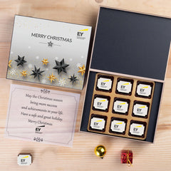 Festive 9-piece Christmas chocolate gift box with printed logo and personalized holiday message