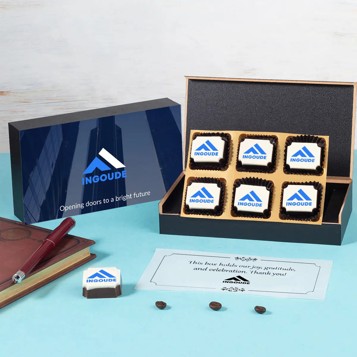 Festively packaged chocolates for new office openings