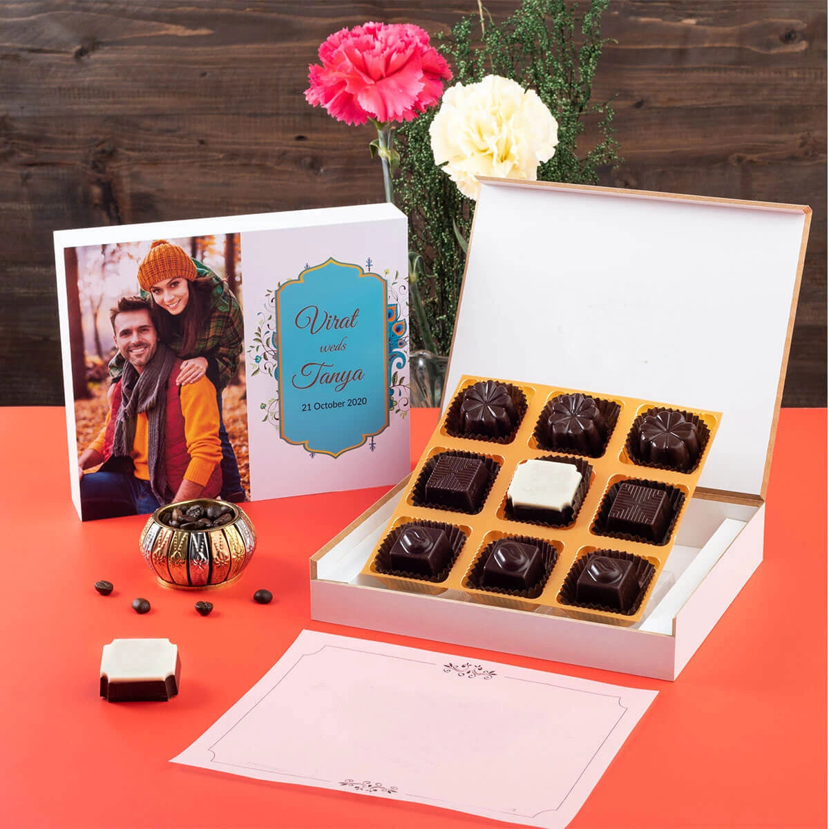 Affordable return gift for anniversary with 9 chocolates and custom print