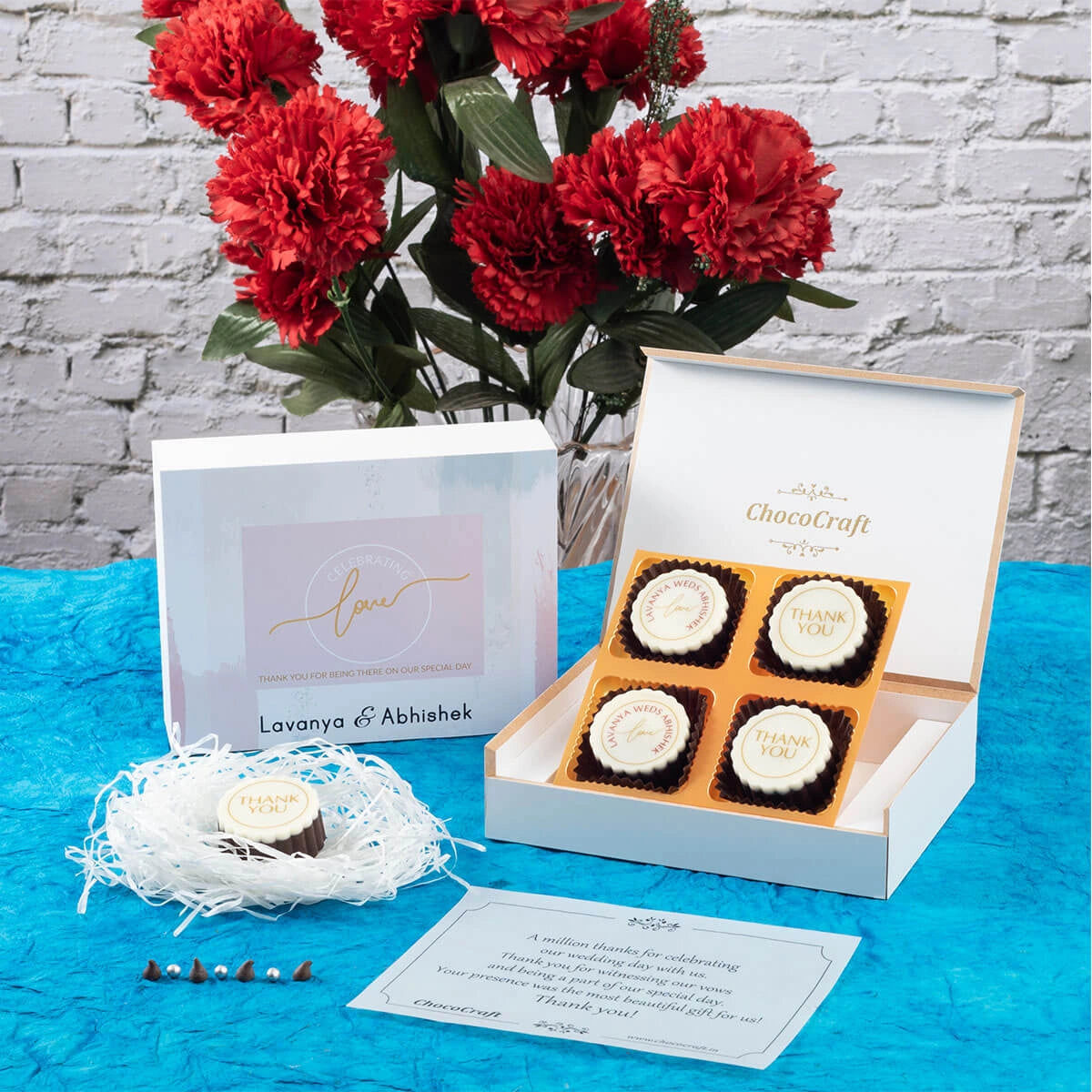 Affordable wedding return gift – 4 printed chocolates in box