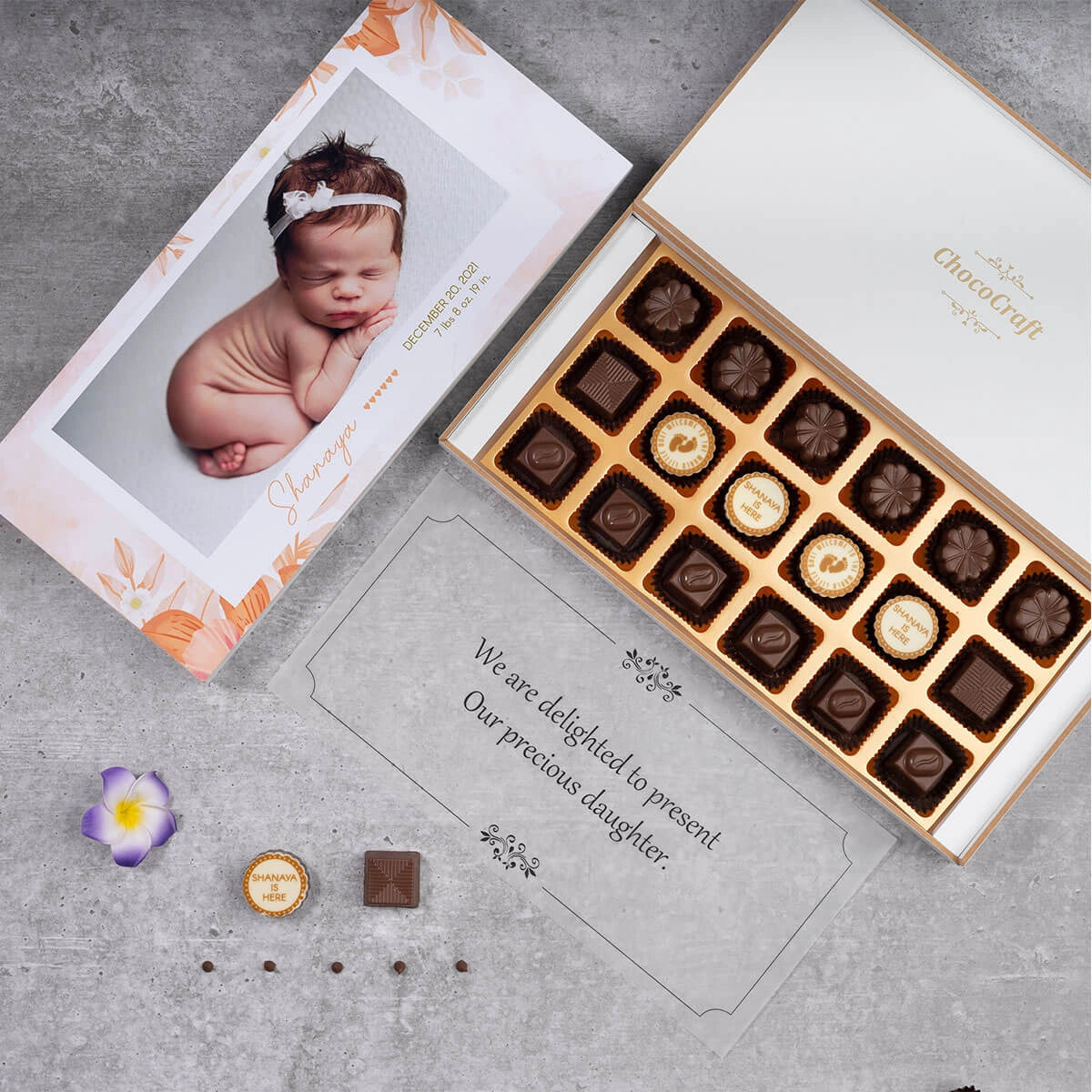Personalized butter paper message for baby birth chocolate gift box