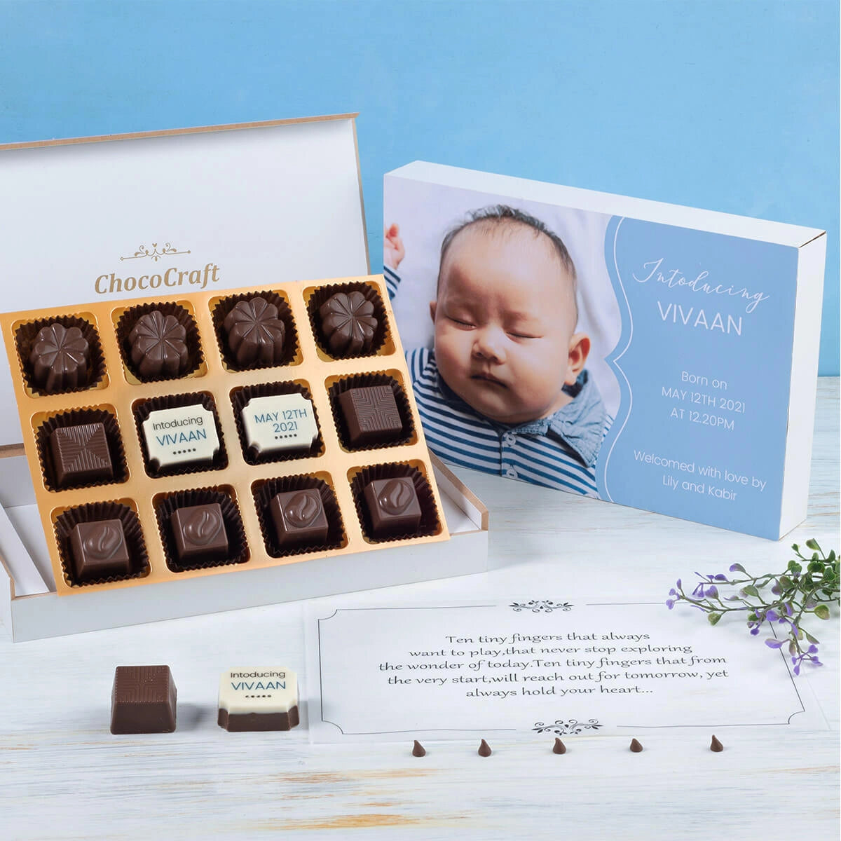 Birth Announcement Gifts 12 Chocolate Box Middle Two Printed Chocolates (Minimum 10 Boxes)