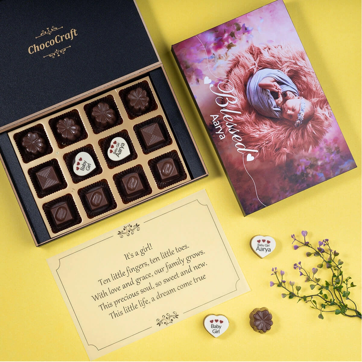 Elegant black and white wooden box for baby boy chocolate gift