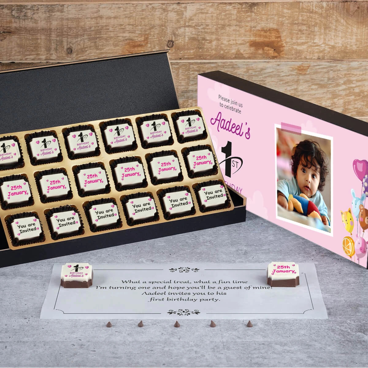 Close-up edible photo on chocolate for best 1st birthday invitation card