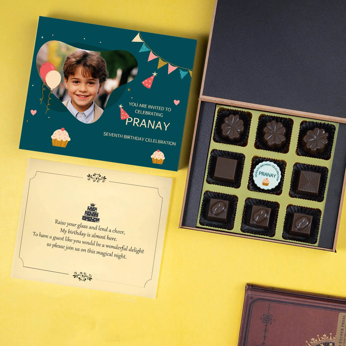Front view of 9 chocolate box designed for best birthday invitations