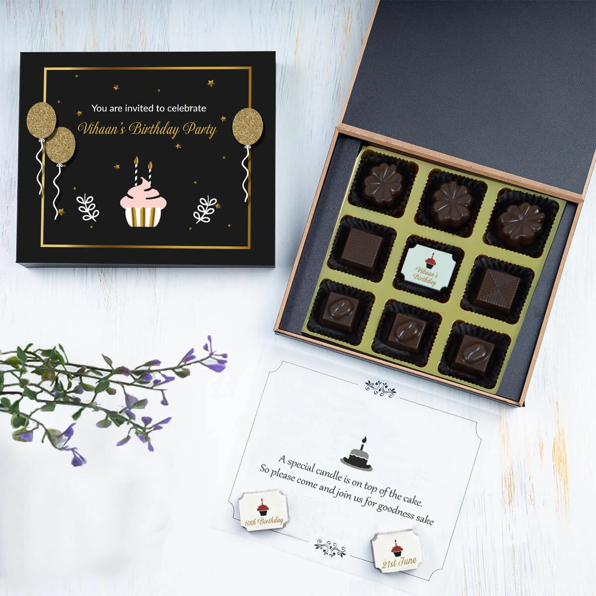 Top view of best birthday invitation chocolate box