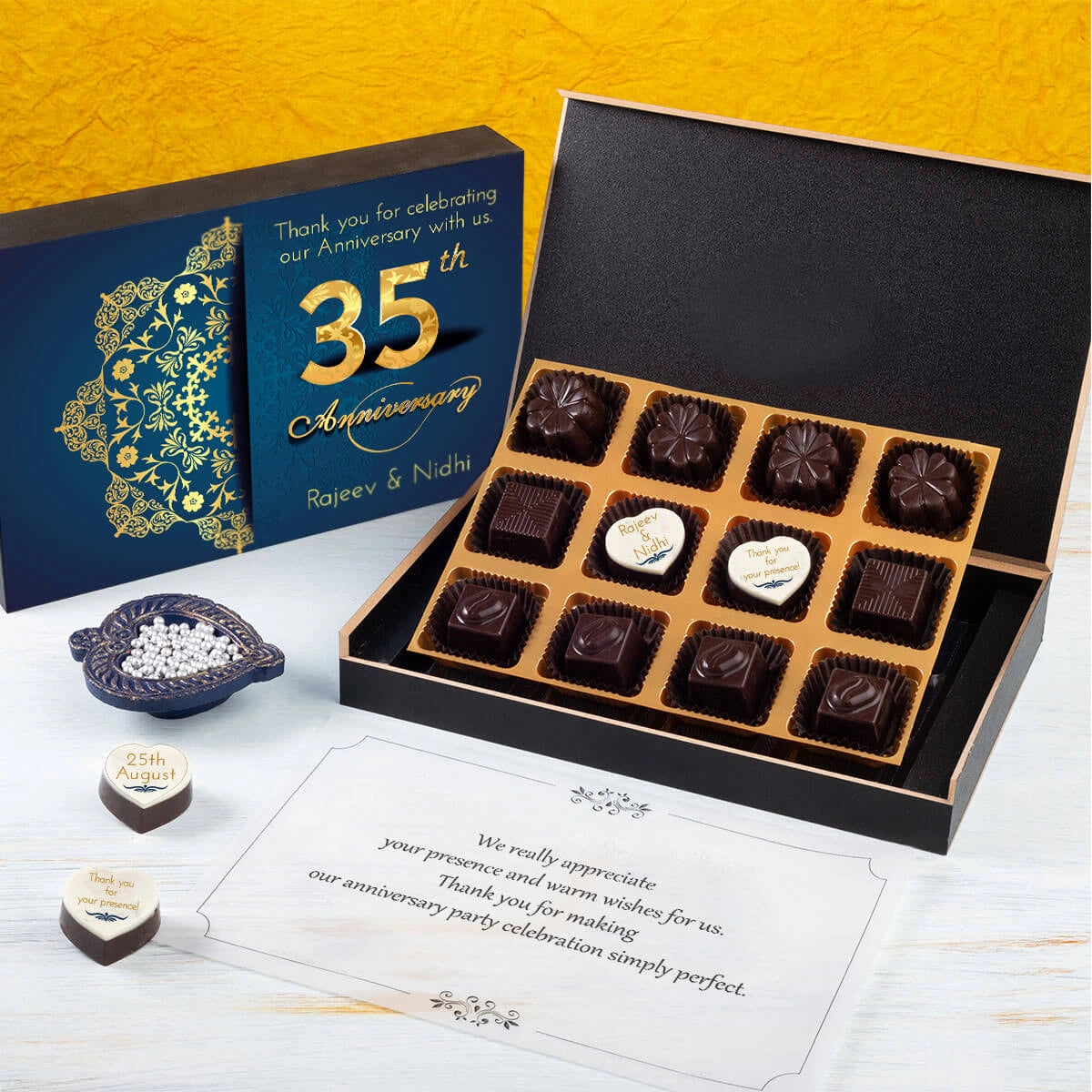 Best return gift for marriage anniversary – 12 chocolate box with 2 printed chocolates