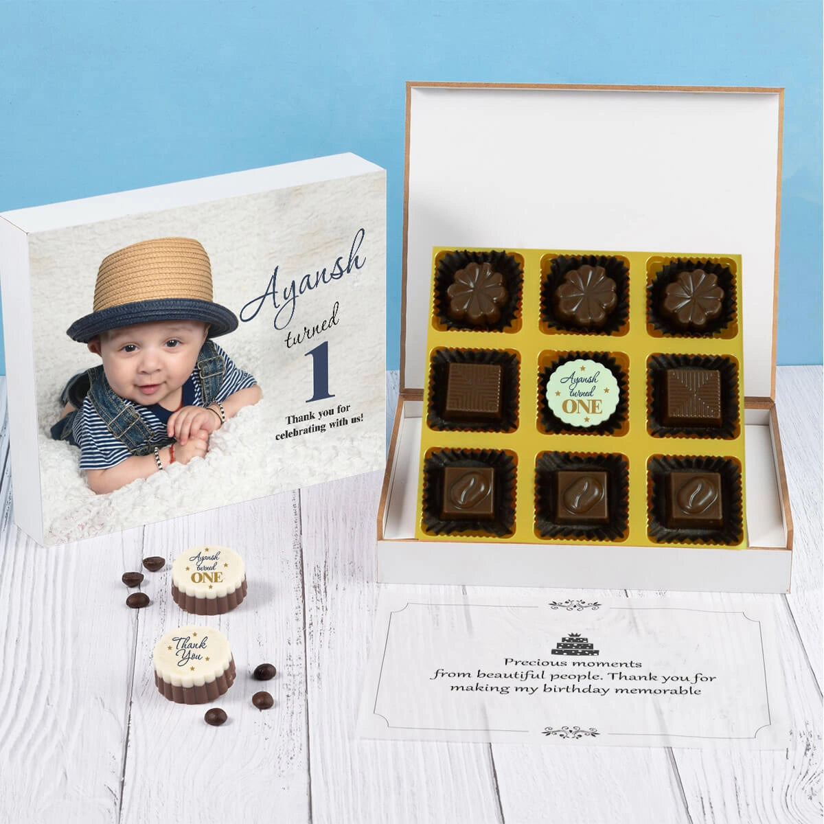 Open nine-chocolate box of best return gift ideas 1st birthday
