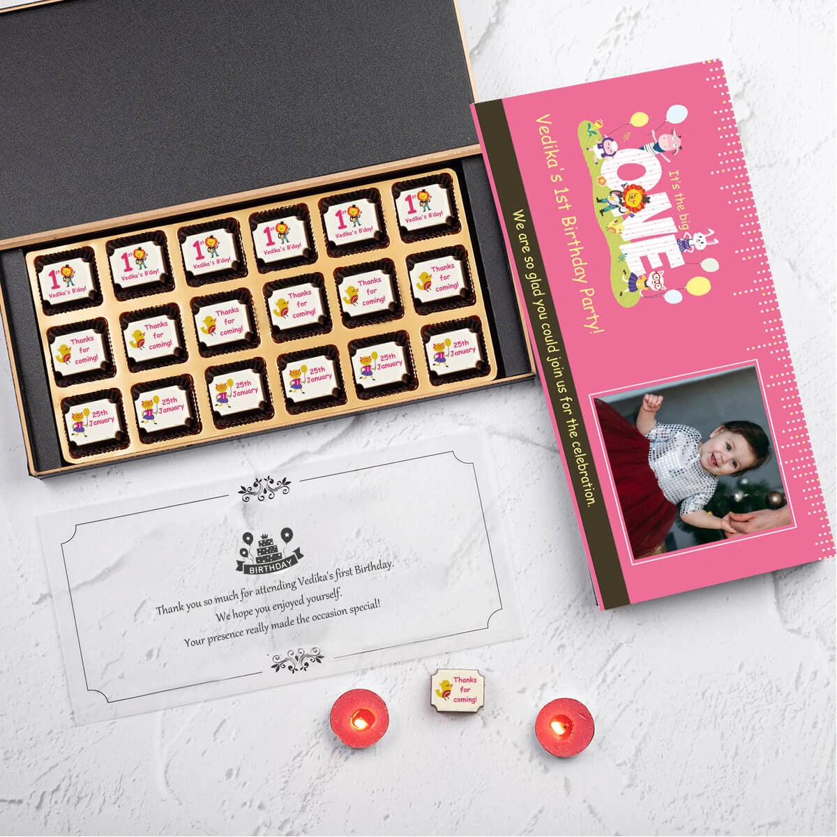 Open 18-chocolate box of best return gifts for first birthday