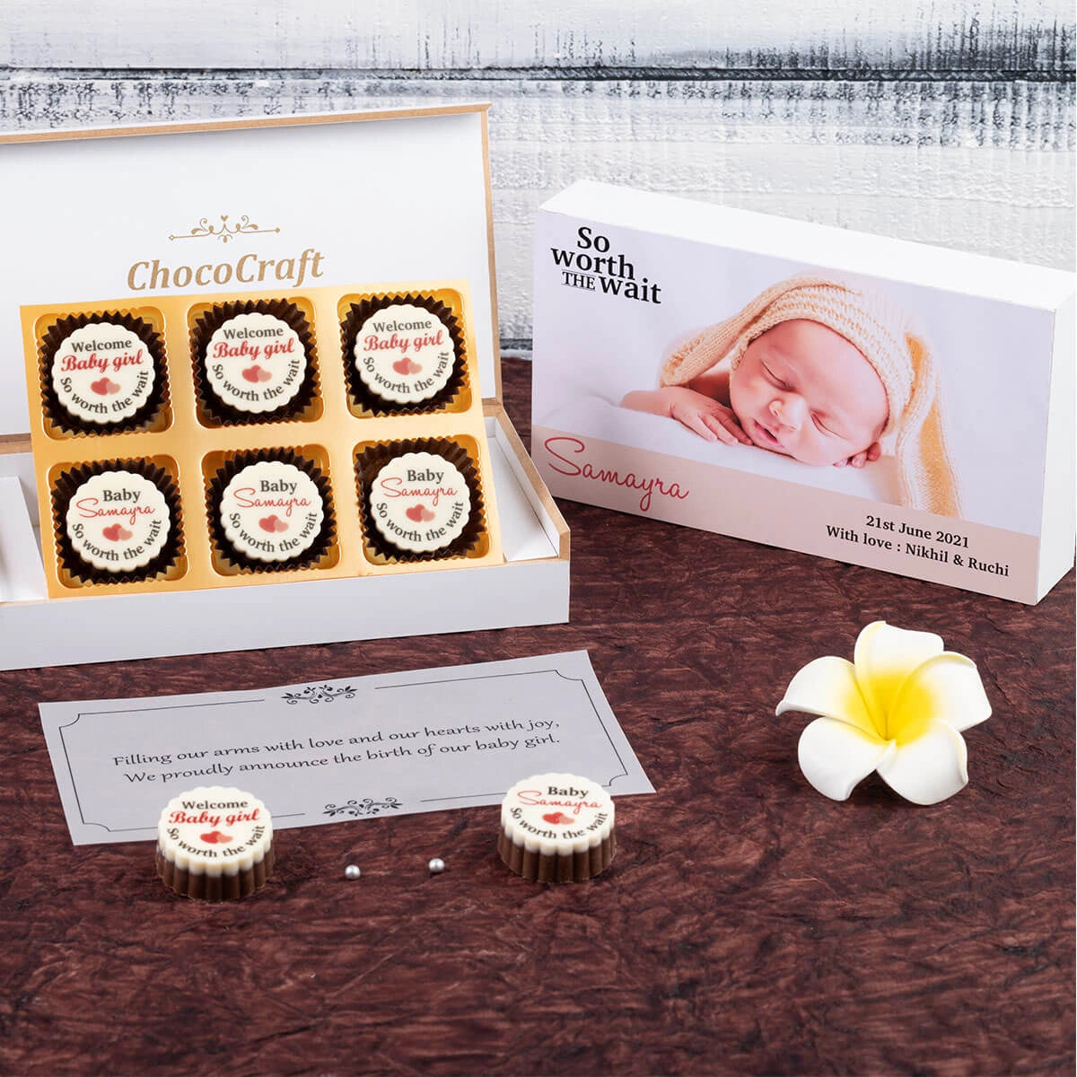 Close-up of all printed chocolates – beautifully customized baby announcement box