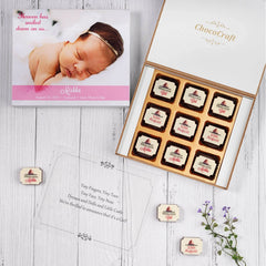Black MDF chocolate box – sample of luxurious birth announcement chocolate packaging