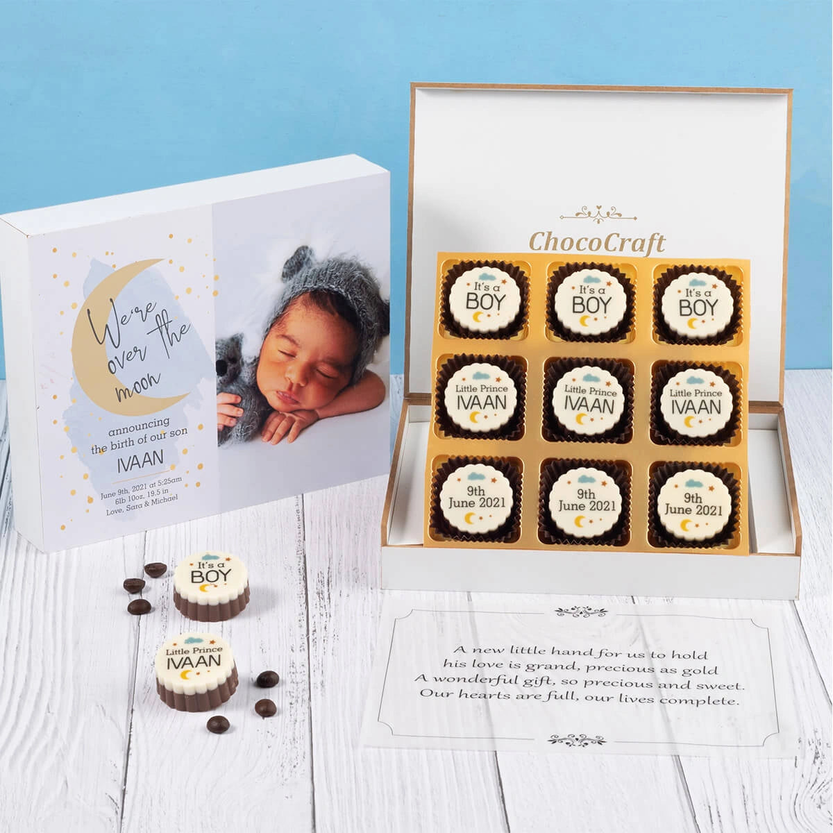 Open view of 9-piece chocolate box – personalized birth announcement gift box