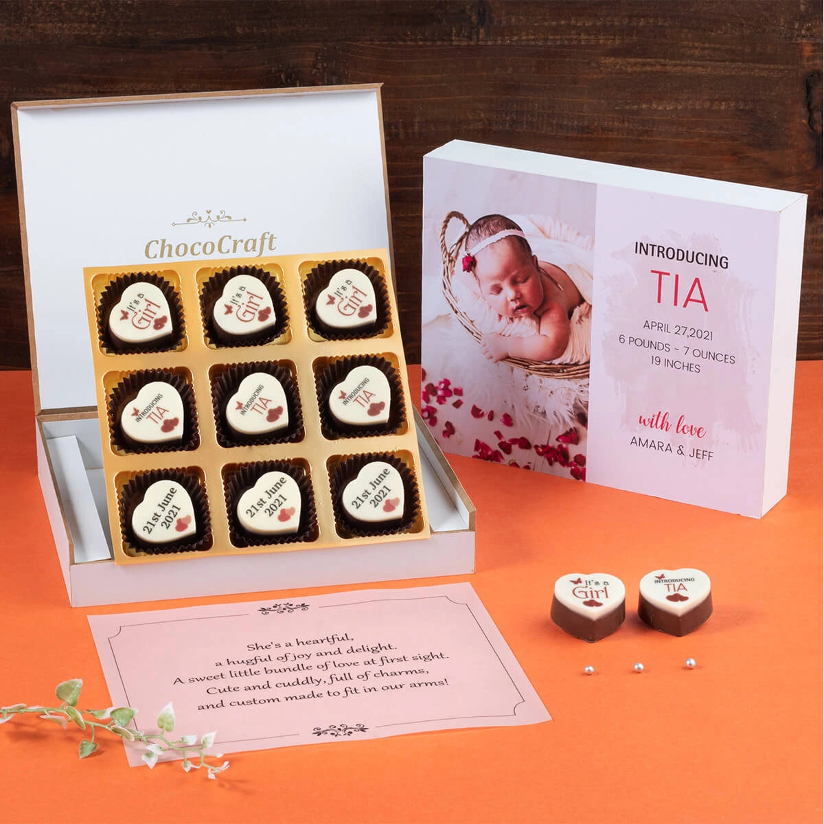 Close-up of all printed chocolates – fully customized birth gift box