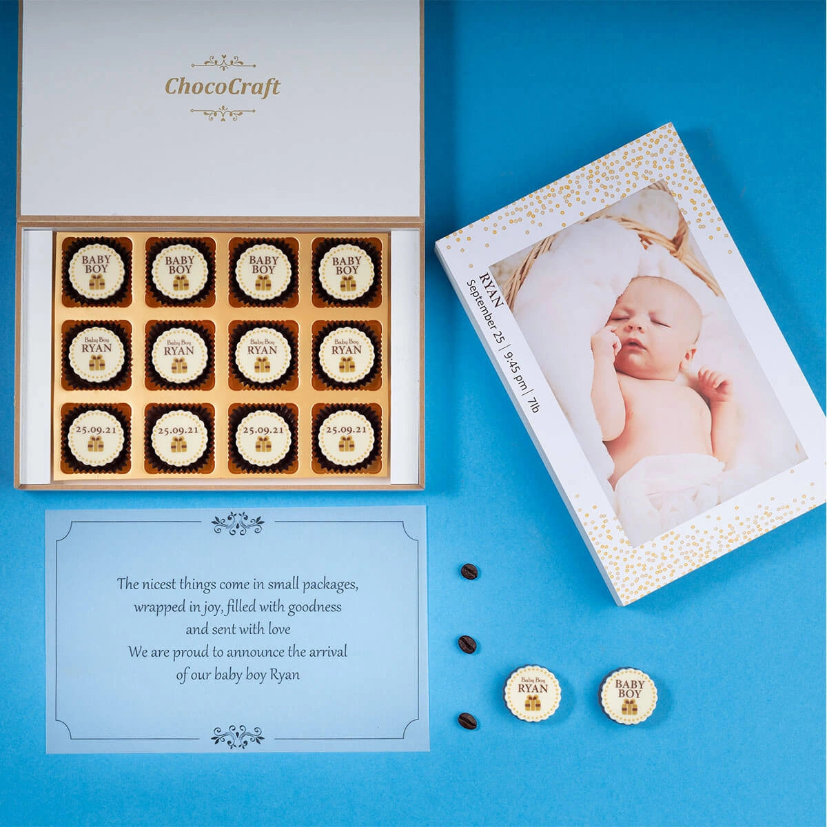 Black MDF chocolate box – sample of luxurious birth announcement giveaway
