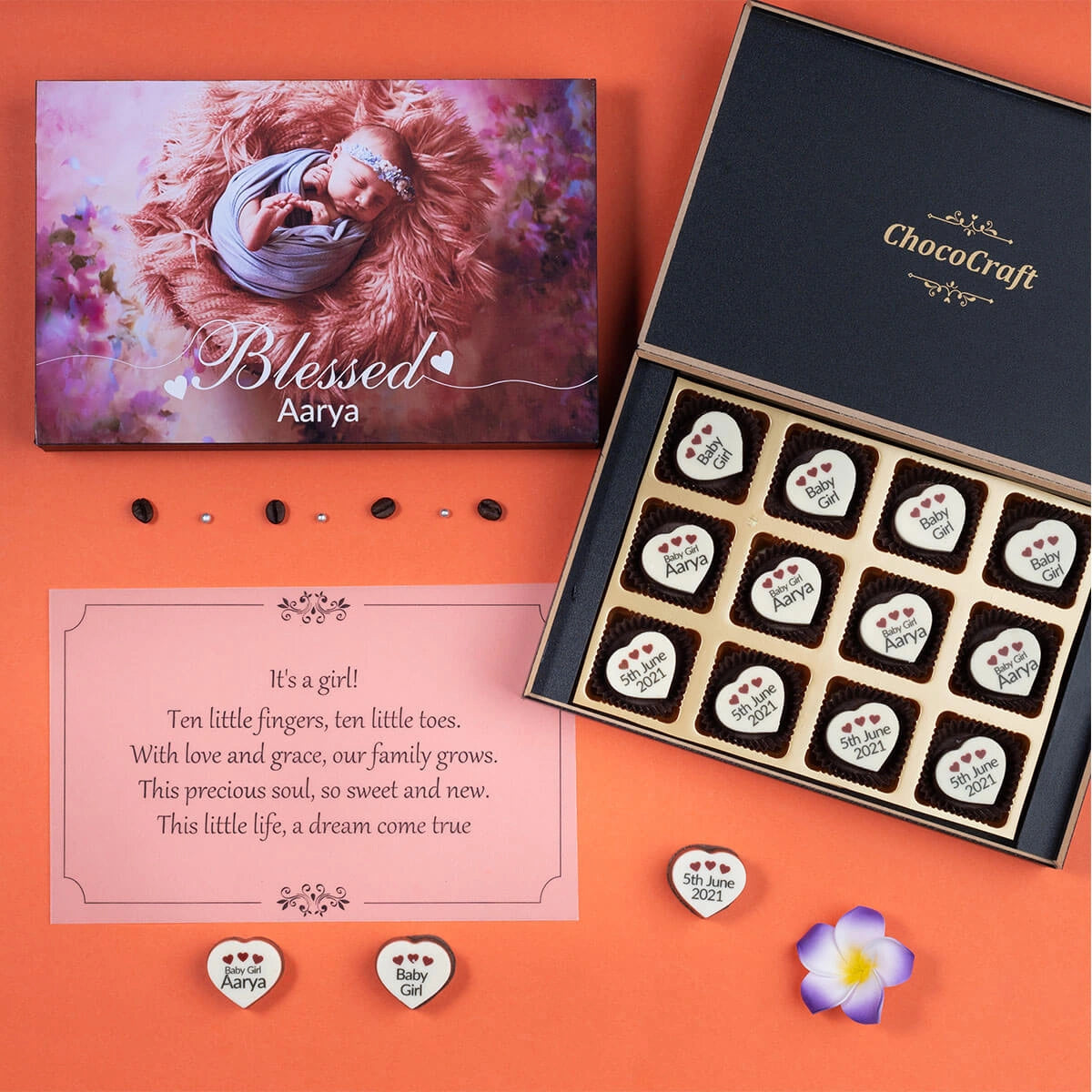 Open sample of 12 chocolate box – elegant giveaway for baby announcement