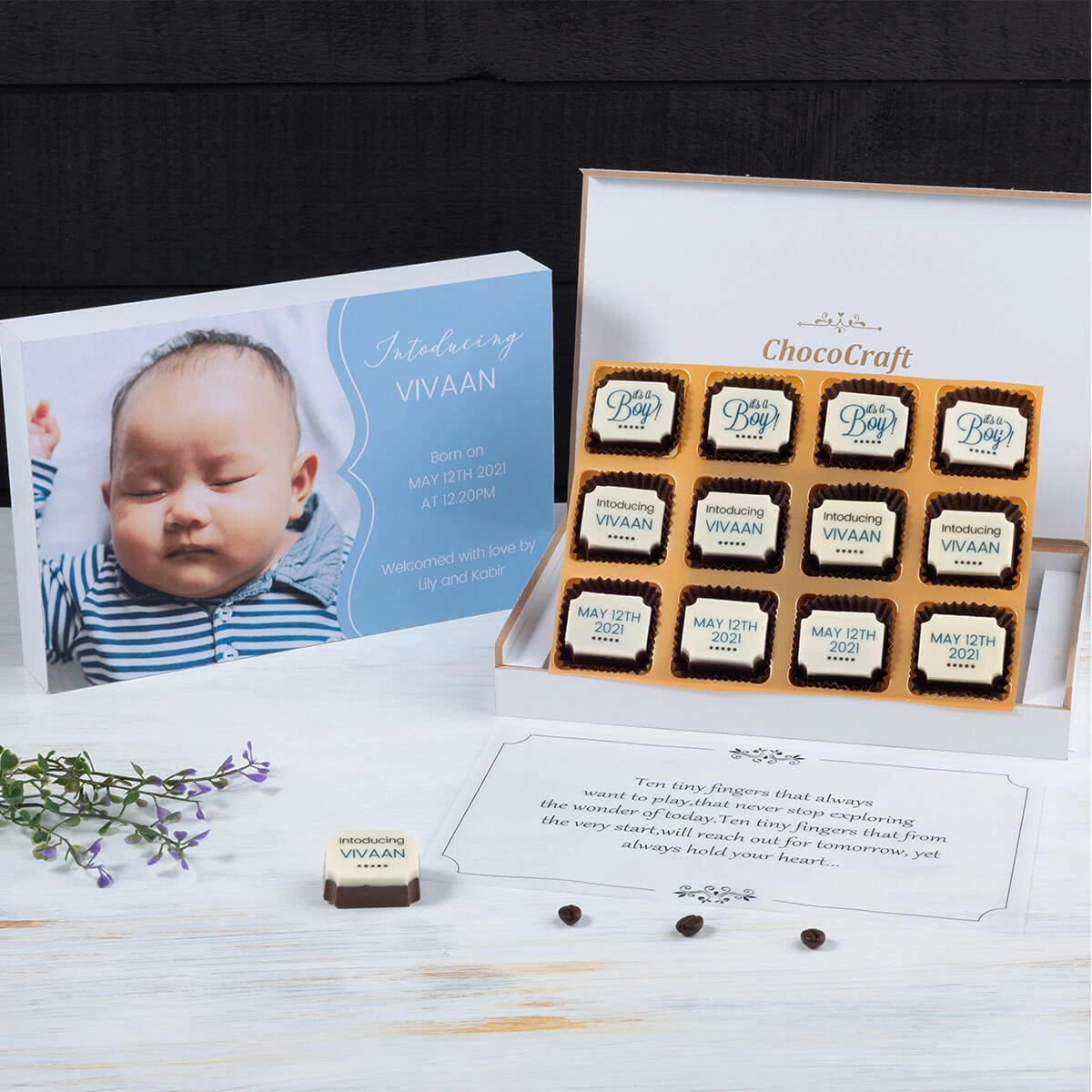 Open view of 12-piece chocolate box – elegant sweet box for baby announcement