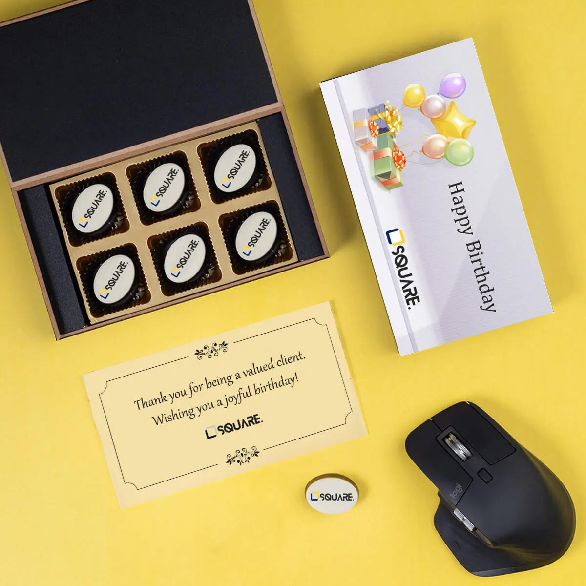 Birthday themed custom box containing logo chocolates